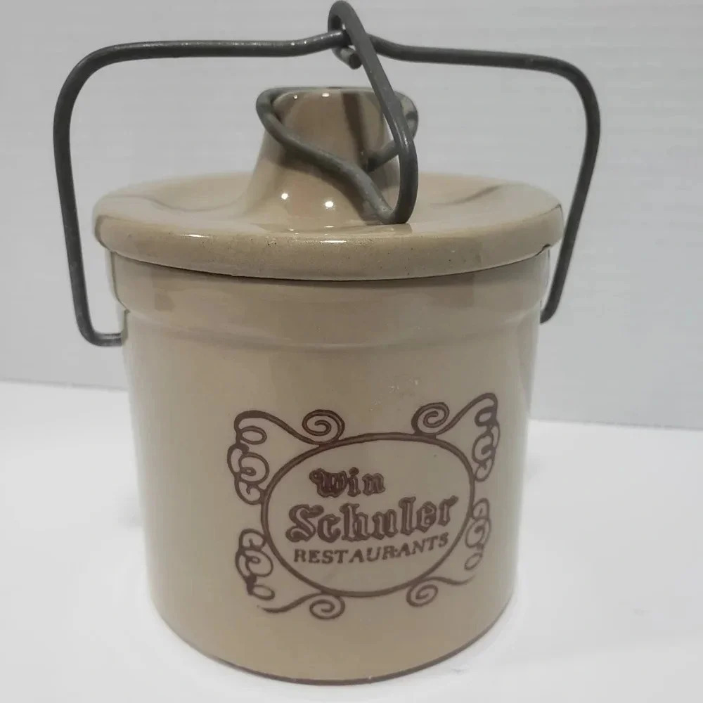 Vintage Win  Shuler Restaurant Wire Bale Stoneware Crock .